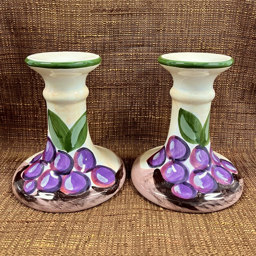 Vintage The Cellar Ceramic Hand-Painted Candle Holders Set of 2 Made in Italy